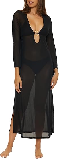 Trina Turk Elaire Mesh Maxi Dress, Casual, Plunge Neck, Long Sleeve, Beach Cover Ups for Women