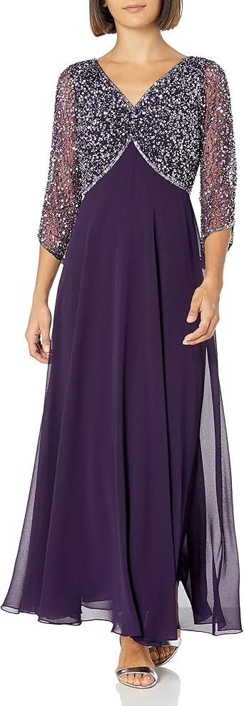 J Kara Women's Petite 3/4 Sleeve V-Neck Beaded Top Long Gown, Plum/Mercury, 16P