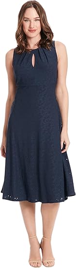 London Times Women's Dresses Sleeveless Fit and Flare Dress with Pleat Tucks and Keyhole Detail at Neck