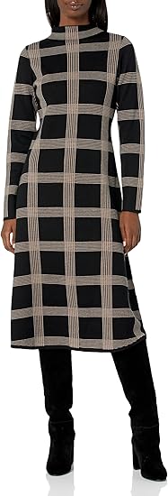 Women's Long Sleeve Mock Neck Fit & Flare Plaid Sweater Dress