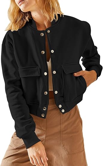 EVALESS Womens Jacket 2024 Fall Winter Long Sleeve Stand Collar Shacket with Side Pocket Lightweight Coat