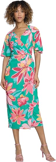 Maggy London Floral Midi Summer Women with Faux-wrap Bodice and V-Neckline, Wedding Guest Dress