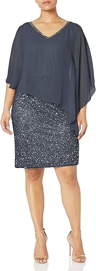 J Kara Women's Plus Size Caplet Short Cocktail Beaded Dress