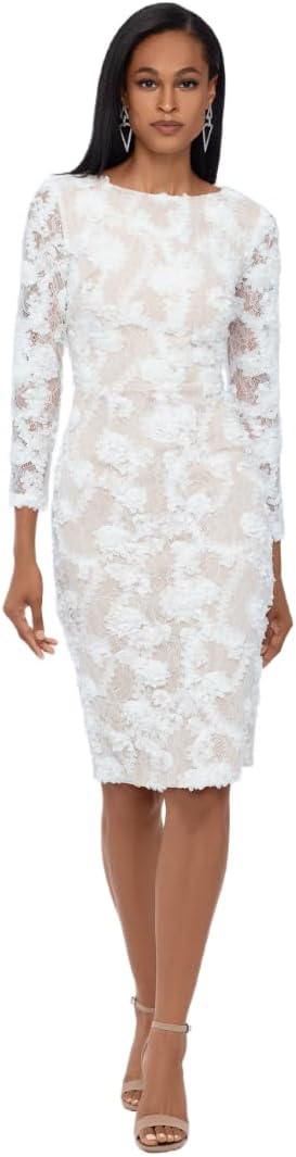 Xscape Women's Long Sleeve Raised Floral Lace Midi Length Dress (Reg and Petite)