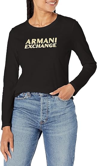 A｜X ARMANI EXCHANGE Women's Slim Fit Cotton Jersey Metallic Logo Long Sleeved Tee