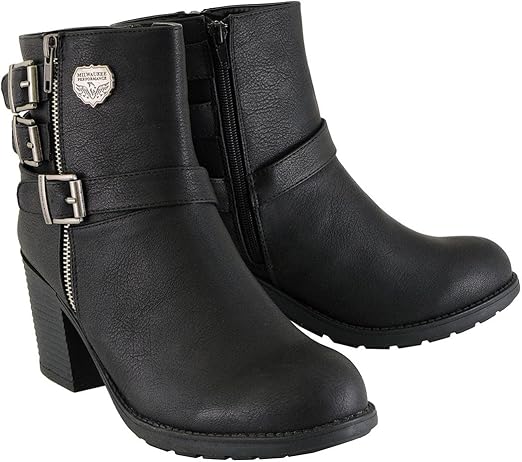 Milwaukee Leather Women's Short Black Fashion Boots w/Side Zipper and Triple Buckle Adjustment MBL9405