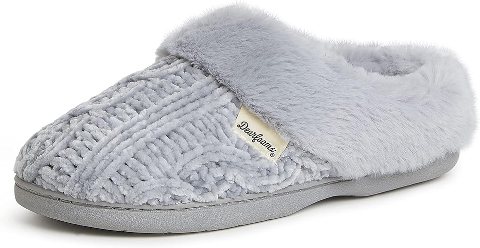 Dearfoams Women's Fuzzy Memory Foam Cable Knit Claire Clog House Slipper with Wide Widths