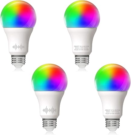 A19 LED Smart, WiFi Light Bulb Compatible with Alexa Google Home, RGBCW Color Changing, Cool Warm White Dimmable, No Hub Required, 60W Equivalent, RGB+2700K-6500K, 4 Count (Pack of 1)