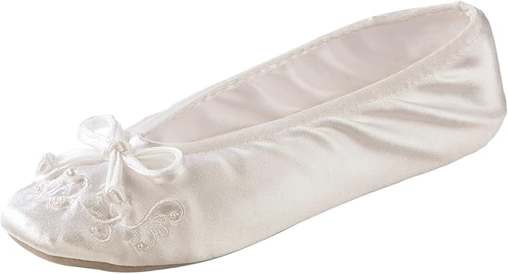 isotoner Women's Satin Ballerina Slippers with Embroidered Pearl