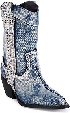 Women Denim Rhinestones Cowboy Mid Calf Boots Almond Pointed Chunky Block Heel Sparkly wide calf Western Boots