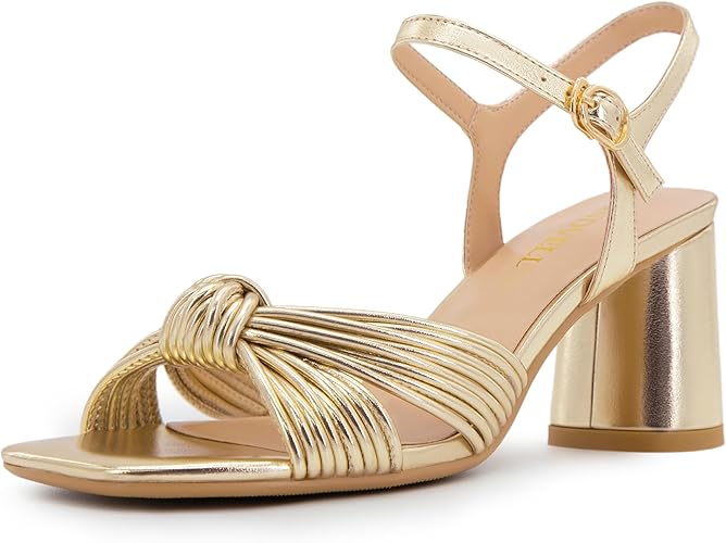 Women's Heeled Sandals Chunky Heel Strappy Metallic Braided Knotted Square Open Toe Ankle Strap Block Heel Sandals