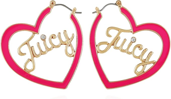 Juicy Couture Goldtone and Hot Pink Heart Hoop Earrings