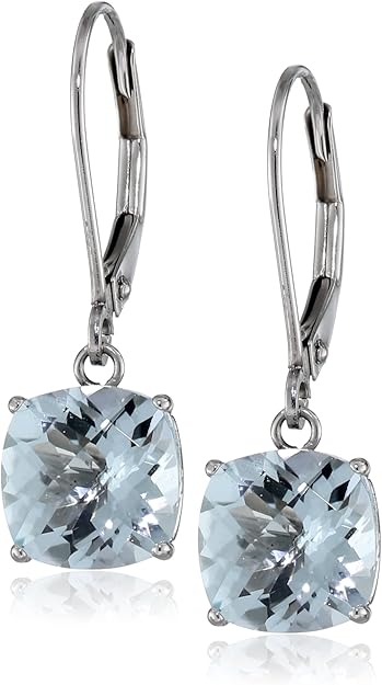 10K Gold 8mm Cushion-Cut Checkerboard Aquamarine Leverback Earrings