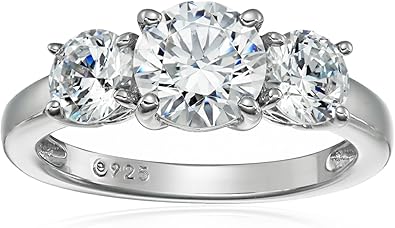 Amazon Essentials Platinum-Plated Sterling Silver Round 3-Stone Ring made with Infinite Elements Cubic Zirconia (2 cttw), Size 5, (previously Amazon Collection)