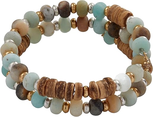 Alex and Ani Amazonite & Wood Beaded Wrap Bracelet, Two Tone Brown Finish, 2 to 3.5 in