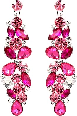 Womens Jewelry Fuchsia Pink Crystal Rhinestone Bridal Drop Dangle Earrings Sparkling Cluster style in Silver Tone for Wedding prom Party Birthday Gift