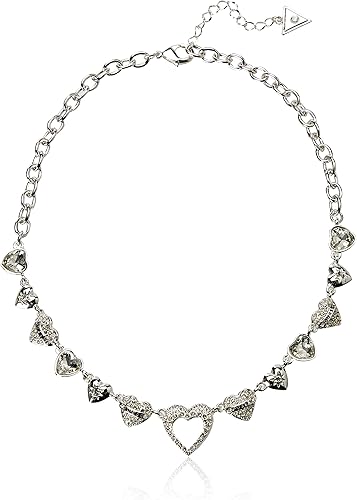 GUESS Silvertone Pave Crystal Glass Stone Heart Chain Necklace