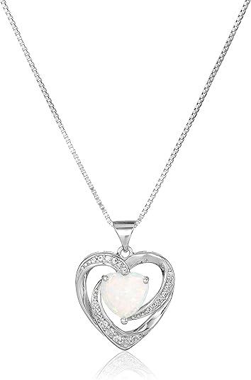 Amazon Essentials Women's Sterling Silver Created Opal and White Sapphire Open Heart Pendant Necklace, 18