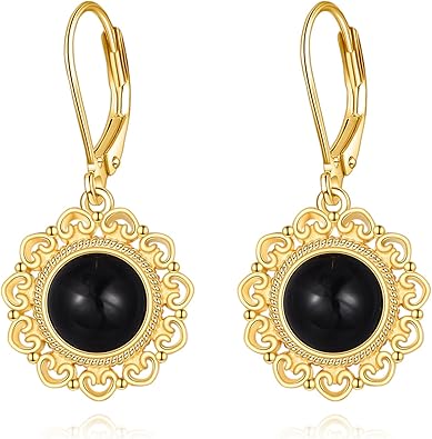 Black Onyx Dangle Drop Earrings for Women Sterling Silver 18K Yellow Gold Plated Filigree Black Onyx Leverback Earrings Jewelry Gifts for Women (Black Onyx floral earrings)