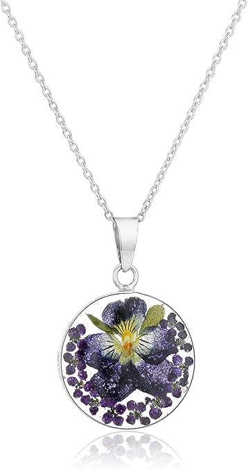 Amazon Essentials Sterling Silver Pressed Flower Round Pendant Necklace, 16