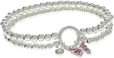 Alex and Ani Breast Cancer Awareness Butterfly Double Stretch Bracelet, Shiny Silver Finish, Pink Charm, 6.75 to 8 in