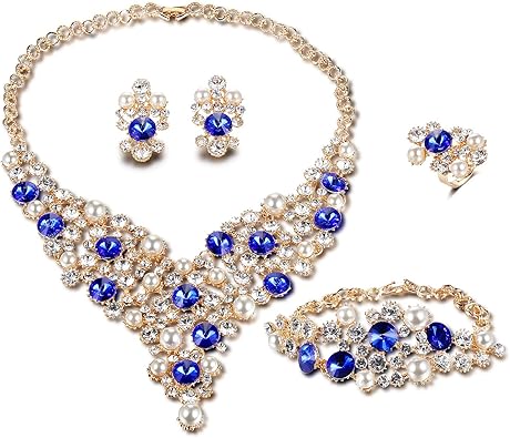 FUNOJOY Womens Luxury Africa Dubai 18k Gold Plated Jewelry Sets Wedding Rhinestone Crystal Bib Statement Necklace Earrings Set for Brides Party Prom