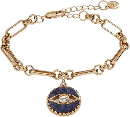 Alex and Ani Sodalite Evil Eye Adjustable Chain Bracelet, Shiny Gold Finish, Blue Charm, 2 to 3.5 in