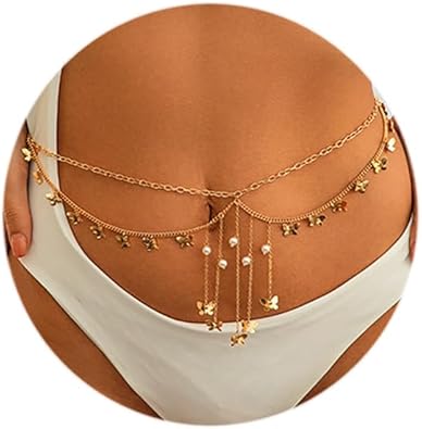 Vinzar Boho Gold Waist Chain Sun Layered Waist Belly Chain Moon Star Pendant Chain Belt Beach Bikini Body Waist Chain for Women and Girls