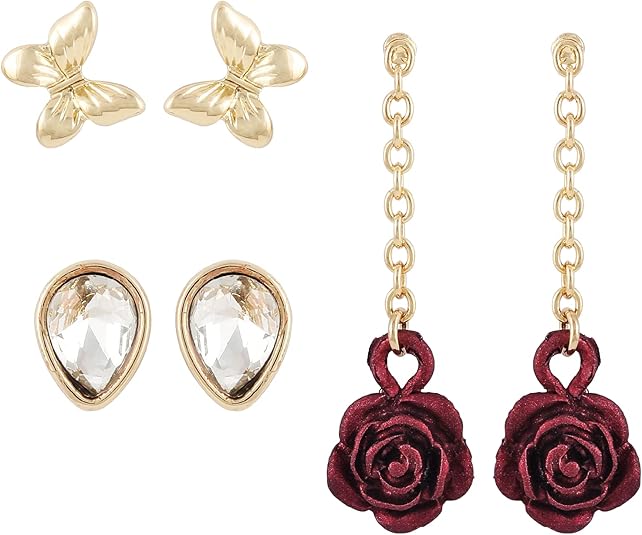 GUESS Gold-Tone 3 Danity Butterfly, Gemstone, and Rose Charm Drop Earring Set