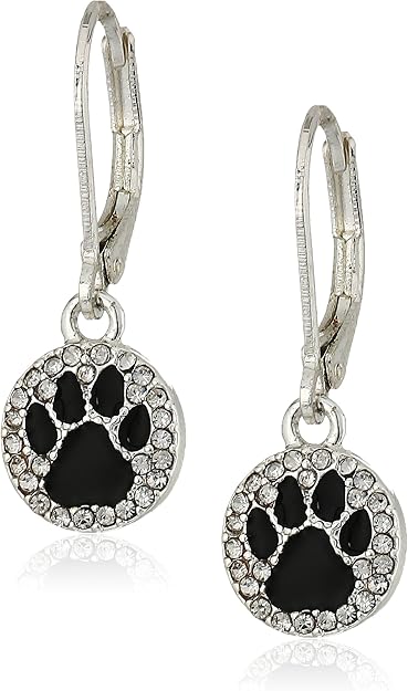 Pet Friends Silvertone/Crystal/Jet Paw Drop Earrings, Silver