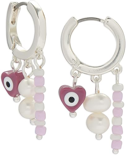 Pearl Evil Eye Charm Hoop Earring, Silver, One Size