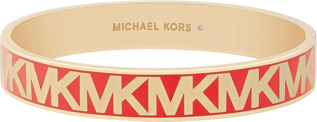 Michael Kors Brass and Enamel MK Logo Bangle Bracelet for Women, Color: Gold/Red (Model: MKJ8113710)