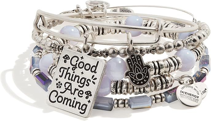 Alex and Ani Connections Expandable Bangle for Women, Good Things Are Coming Charm, Set Of 4, Rafaelian Silver Finish, 2 to 3.5 in