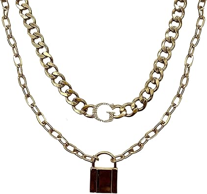 GUESS 2 Piece Gold Tone Choker Necklace with Lock Pendant