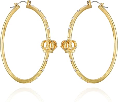 Juicy Couture Goldtone Hoops Adorned with Crystal Glass Stones and Crown Charm Earrings