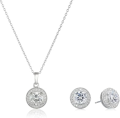 Amazon Essentials womens Sterling Silver Cubic Zirconia Halo Pendant Necklace and Stud Earrings Jewelry Set (previously Amazon Collection)