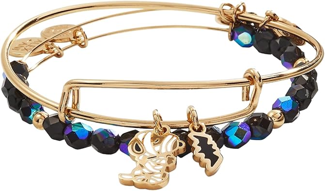 Alex and Ani Peanuts™, Snoopy Bat Duo Expandable Bangle Bracelet Set of 2, Shiny Gold Finish, Black Charm