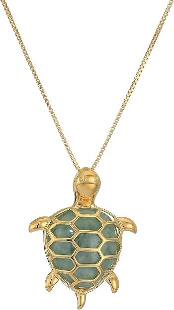 Amazon Essentials womens 18k Yellow Gold Plated Sterling Silver Genuine Green Jade Turtle Pendant Necklace, 18