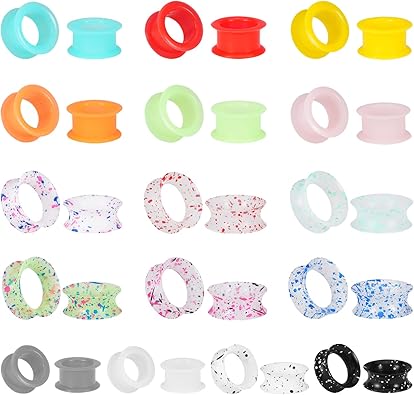 Mixed Color Soft Silicone Ear Gauges Plugs & Thick Double Flared Flexible Flesh Tunnels 16 Pairs Ear Expander Stretcher Plugs Gauges Body Piercing Jewelry