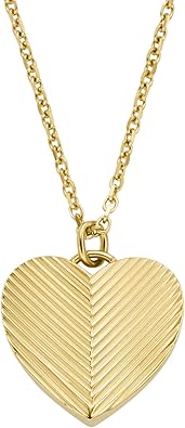 Fossil Women's Harlow Linear Texture Heart Gold-Tone Stainless Steel Pendant Necklace, Color: Gold (Model: JF04652710)