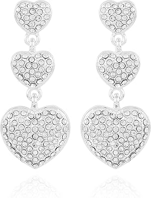 GUESS Silvertone Triple Pave Crystal Glass Stone Heart Linear Dangle Drop Earrings