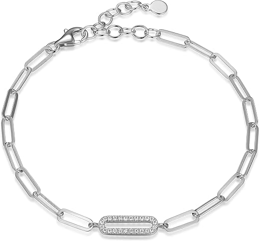 Amazon Essentials Platinum Over Sterling Silver Cubic Zirconia Oblong Paperclip Link Bracelet, 6 3/4 Inches with 1 1/4 Inch Extender, (previously Amazon Collection)