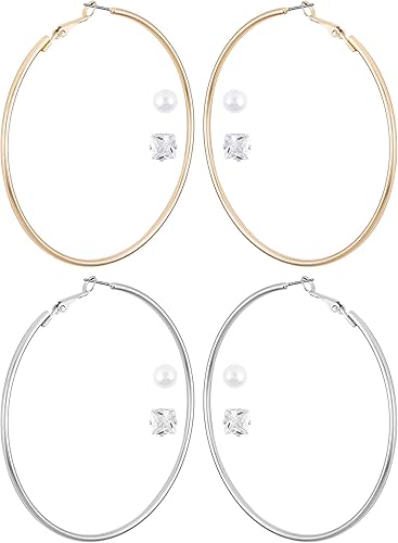 GUESS Silver-Tone and Gold-Tone Large Hoop Earring with Pearl and CZ Stone Stud Earring Set