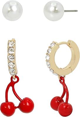 Betsey Johnson Womens Cherry Cluster Charm Huggie Duo Earring Set