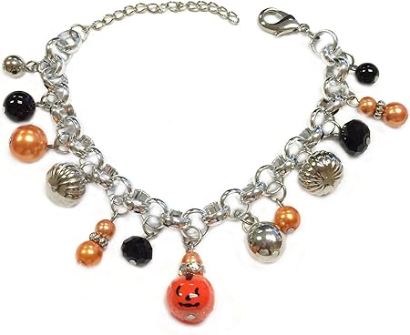 Linpeng Orange Glitter Bead Painted Pumpkin Chain Bracelet with Asst. Dangling Charms