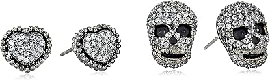 Betsey Johnson CZ Pave Heart & Skull Duo Set of Stud Earrings