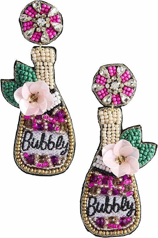 Mud Pie Womens Drink Dangle Beaded Earring Set, Pink Bubbly, One Size