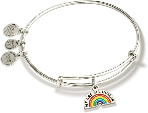 Alex and Ani Words Are Powerful Expandable Bangle for Women, We Are All Human Charm, Shiny Silver Finish, 2 to 3.5 in