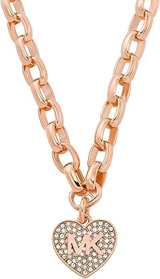 Michael Kors Brass and Pavé Crystal MK Logo Heart Pendant Necklace for Women, Color: Rose Gold (Model: MKJ8183791)