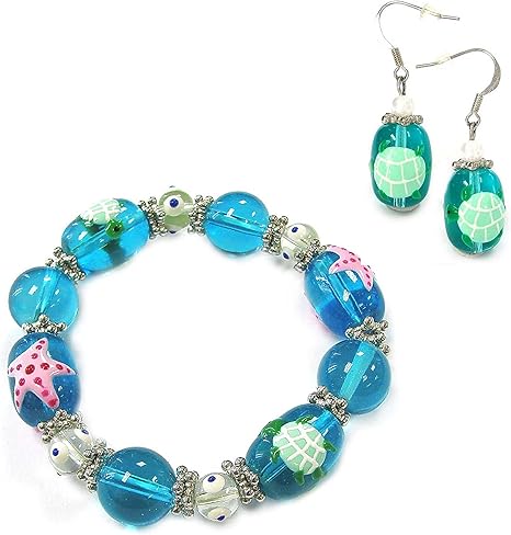 Linpeng Hand Painted Turtle Starfish Turquoise Glass Beads Stretch Bracelet & Earrings Set, one Size